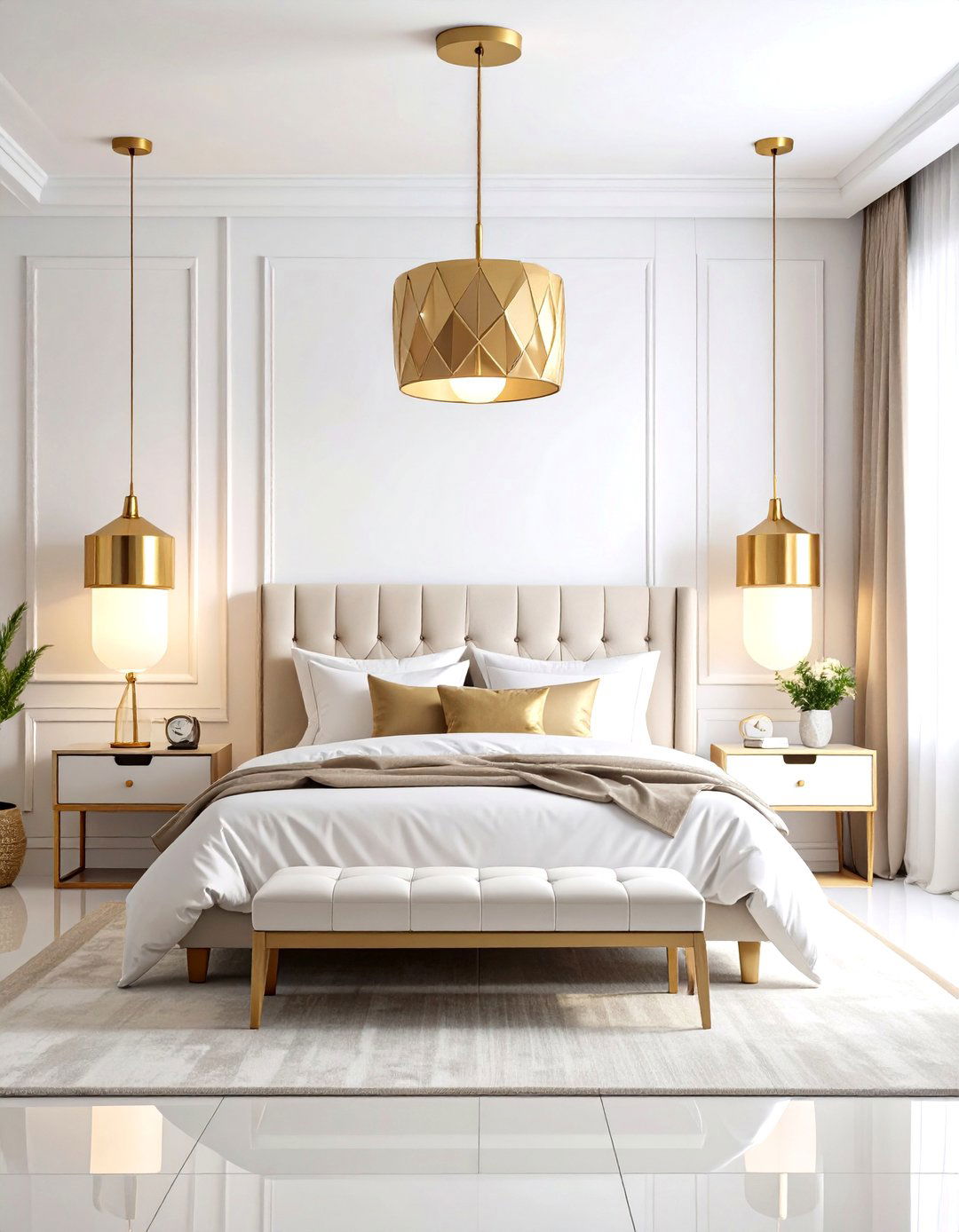 White and Gold Bedroom Featuring Statement Pendant Lighting - 20 White and Gold Bedroom Ideas