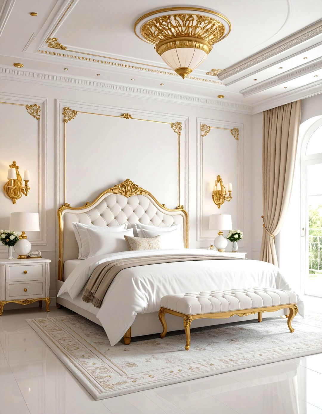 White and Gold Bedroom with Architectural Crown Molding Details - 20 White and Gold Bedroom Ideas