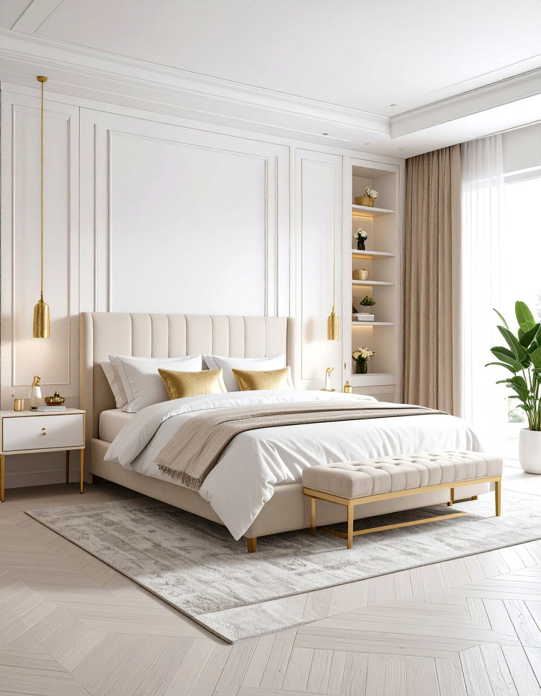 White and Gold Bedroom with Built in Storage Solutions - 20 White and Gold Bedroom Ideas