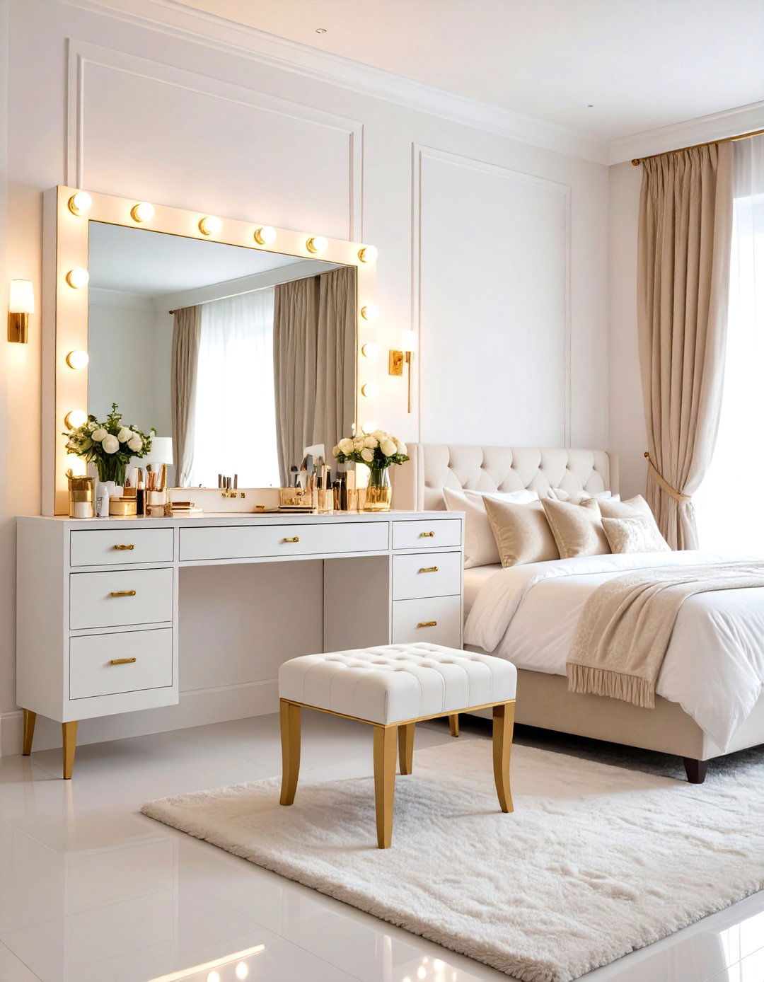 White and Gold Bedroom with Glamorous Vanity Station - 20 White and Gold Bedroom Ideas