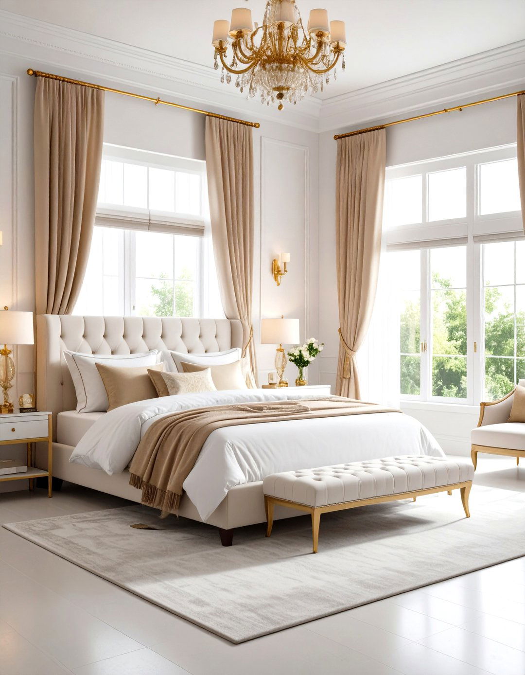 White and Gold Bedroom with Layered Window Treatments - 20 White and Gold Bedroom Ideas
