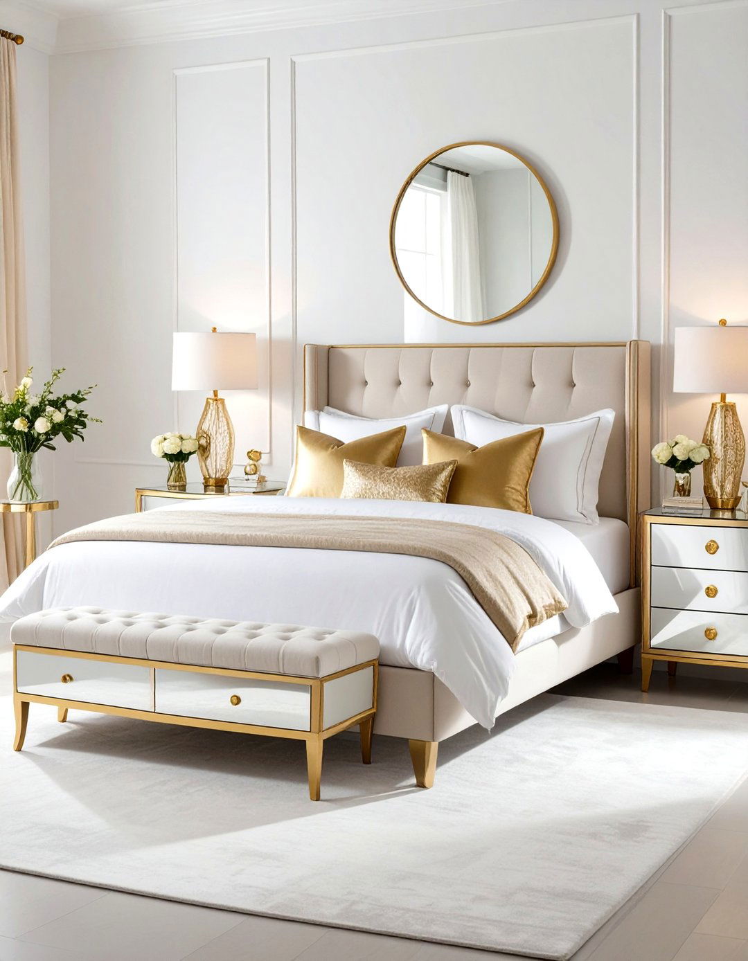 White and Gold Bedroom with Mirrored Nightstand Furniture - 20 White and Gold Bedroom Ideas
