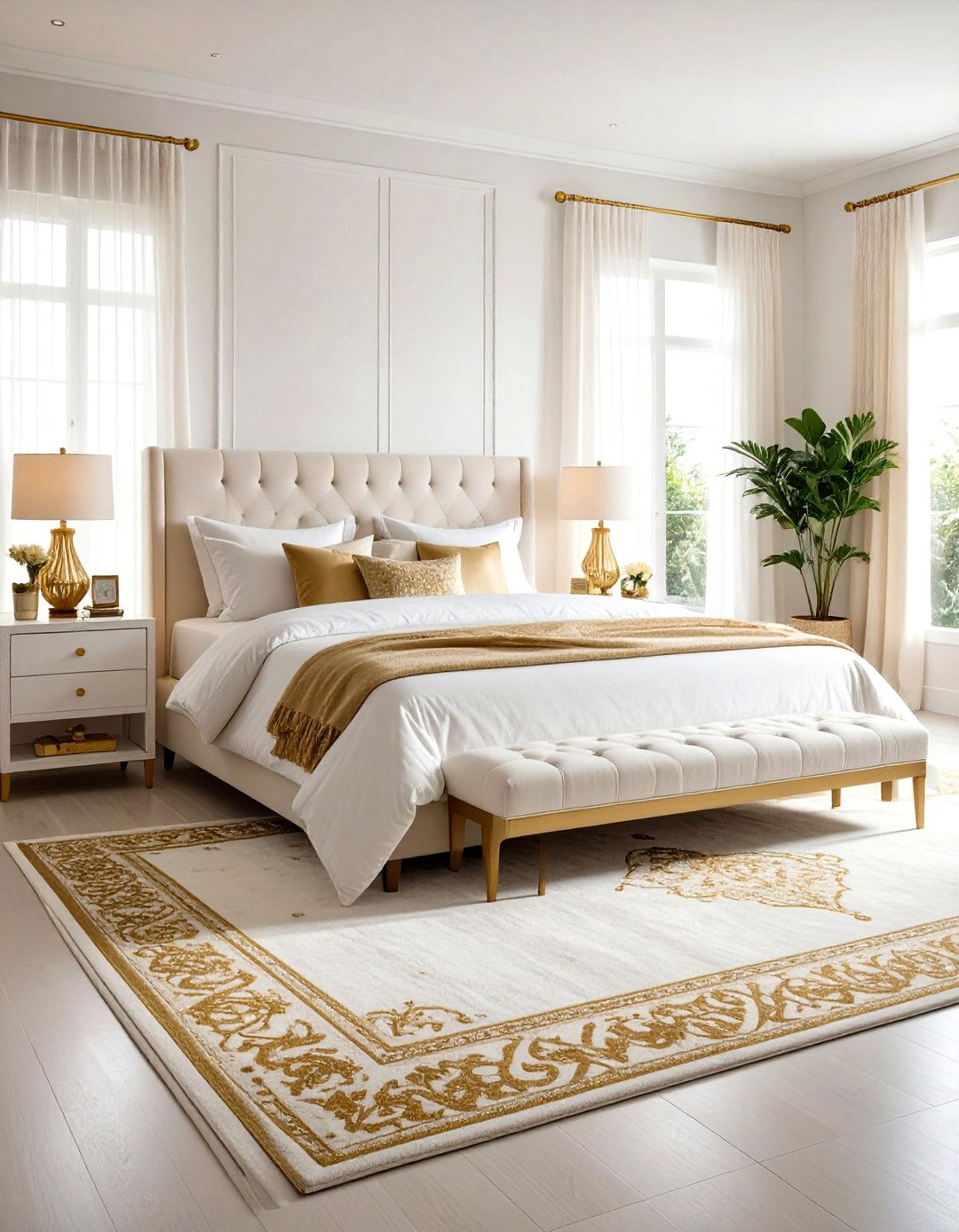 White and Gold Bedroom with Plush Area Rugs - 20 White and Gold Bedroom Ideas