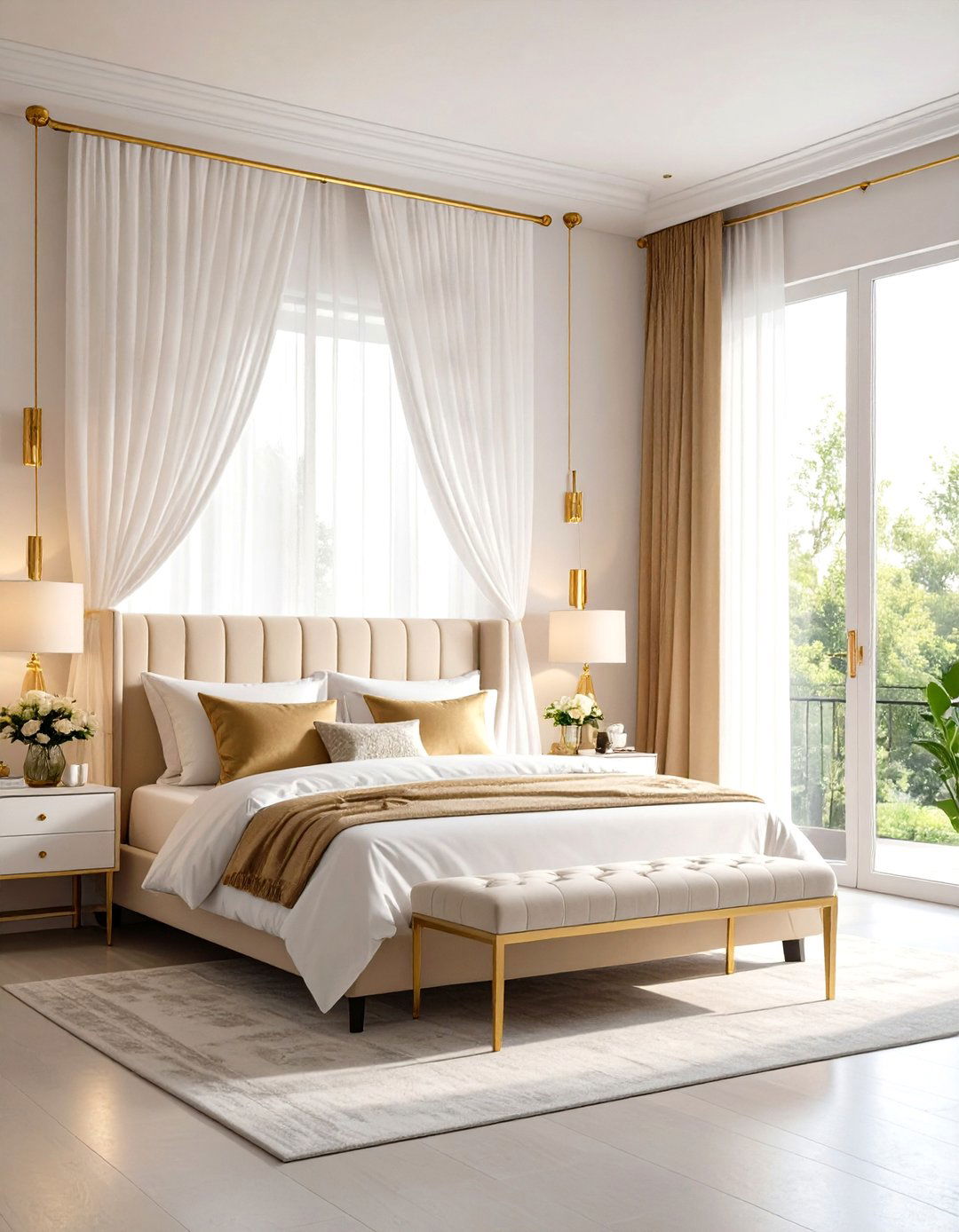 White and Gold Bedroom with Sheer Metallic Curtains - 20 White and Gold Bedroom Ideas