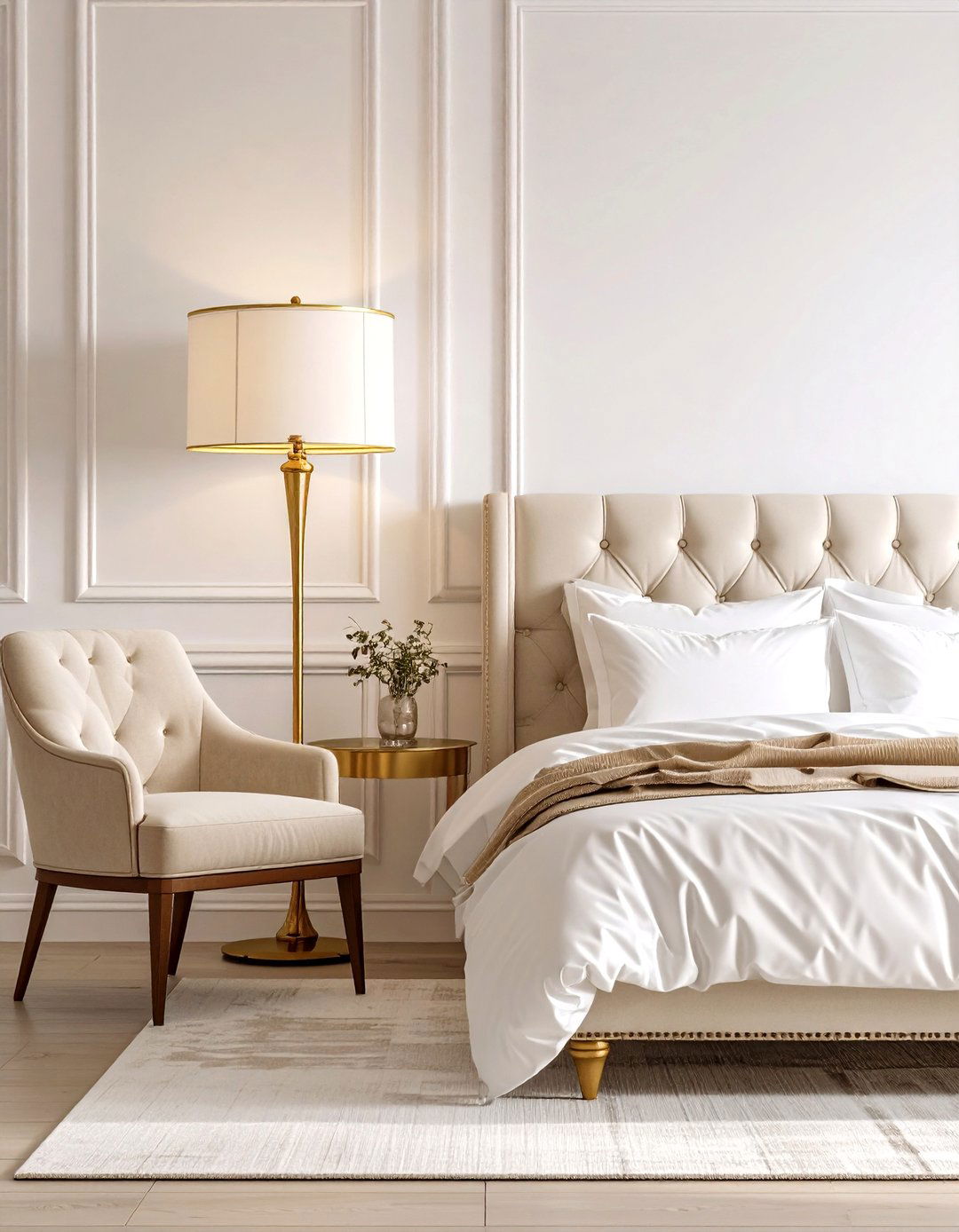 White and Gold Bedroom with Statement Brass Floor Lamp - 20 White and Gold Bedroom Ideas