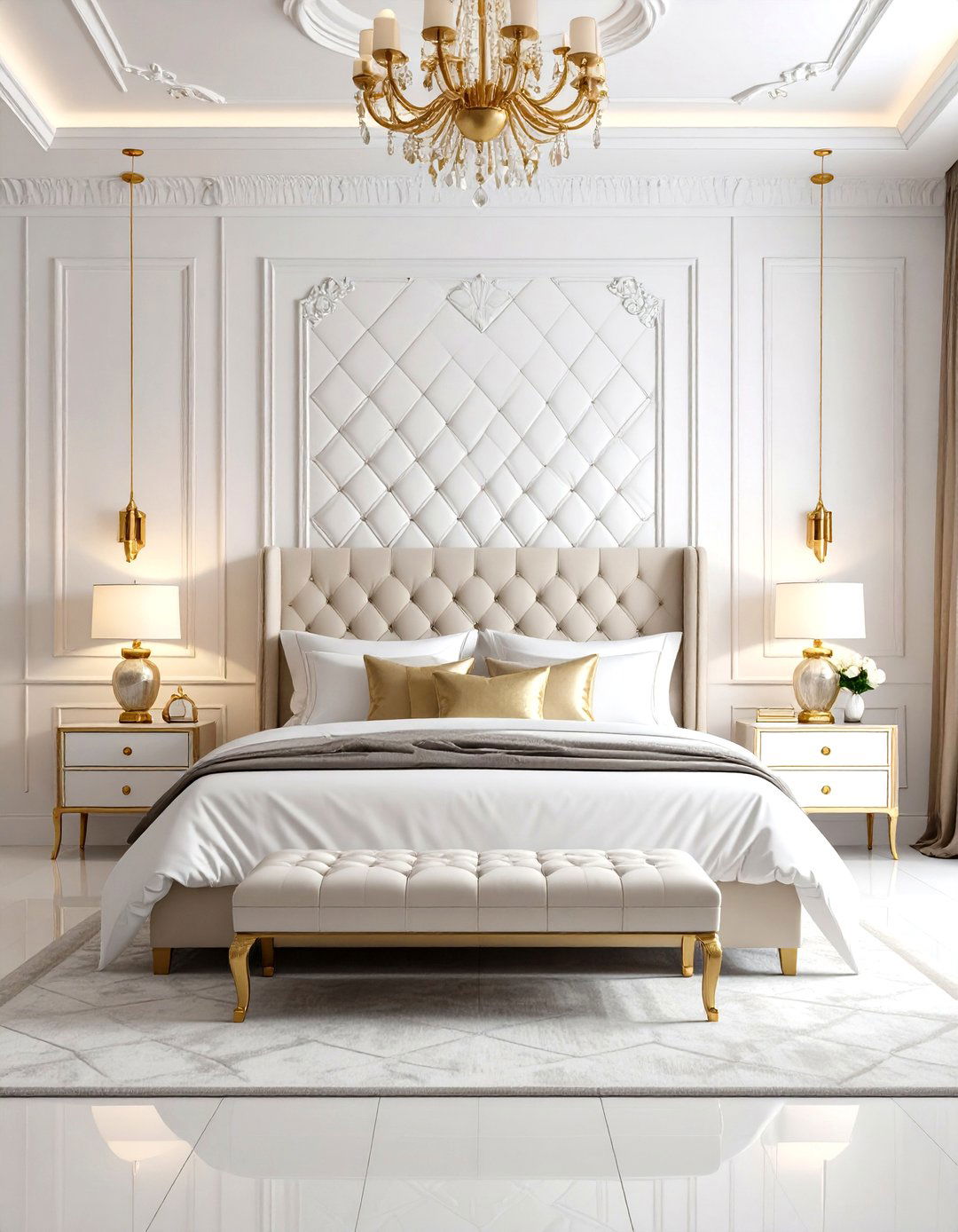White and Gold Bedroom with Textured Wall Treatments - 20 White and Gold Bedroom Ideas