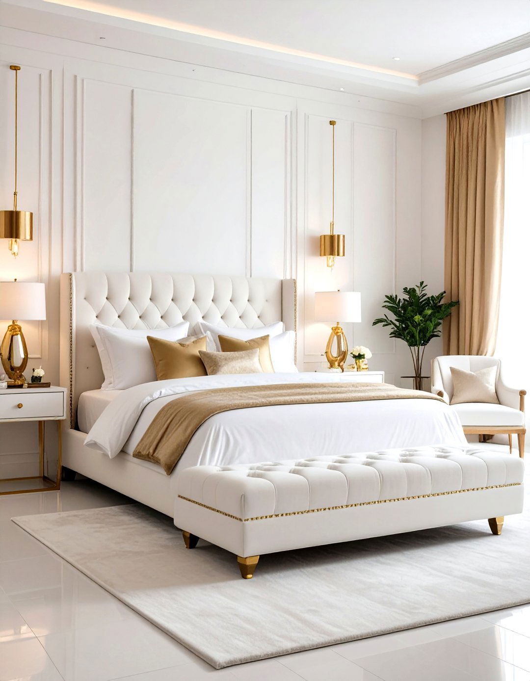 White and Gold Bedroom with Upholstered Seating Area - 20 White and Gold Bedroom Ideas