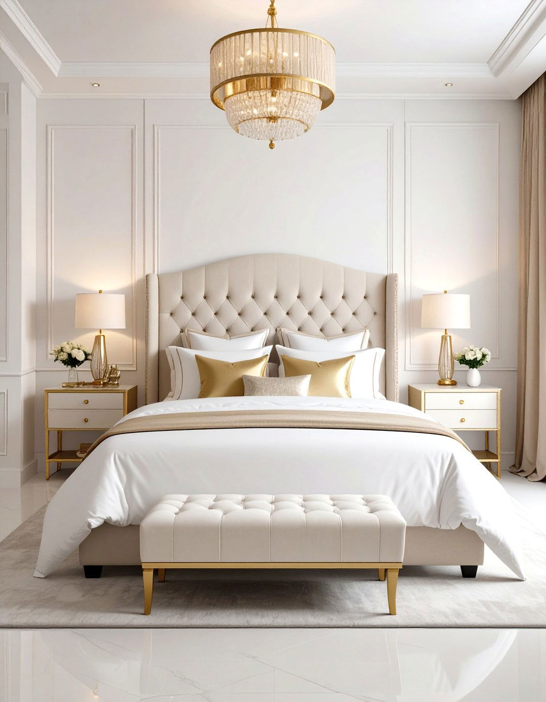White and Gold Bedroom with Velvet Tufted Headboard - 20 White and Gold Bedroom Ideas