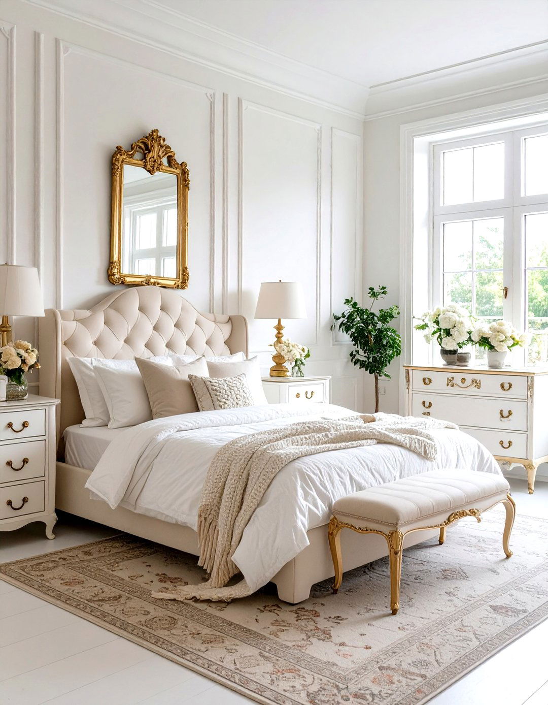 White and Gold Bedroom with Vintage Inspired Furniture Pieces - 20 White and Gold Bedroom Ideas