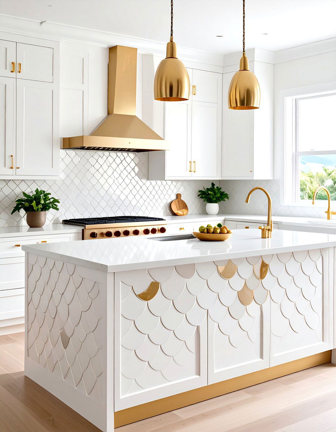 White and Gold Kitchen Backsplash featuring Fish Scale Mosaic Design - 20 White and Gold Kitchen Backsplash Ideas