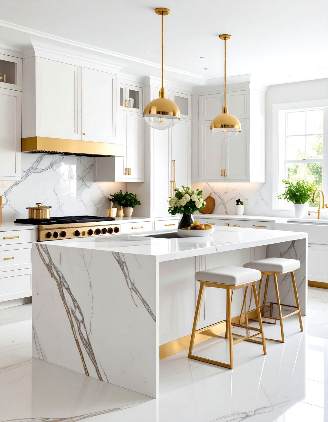 White and Gold Kitchen Backsplash featuring Luxury Slab with Brass Inlays - 20 White and Gold Kitchen Backsplash Ideas