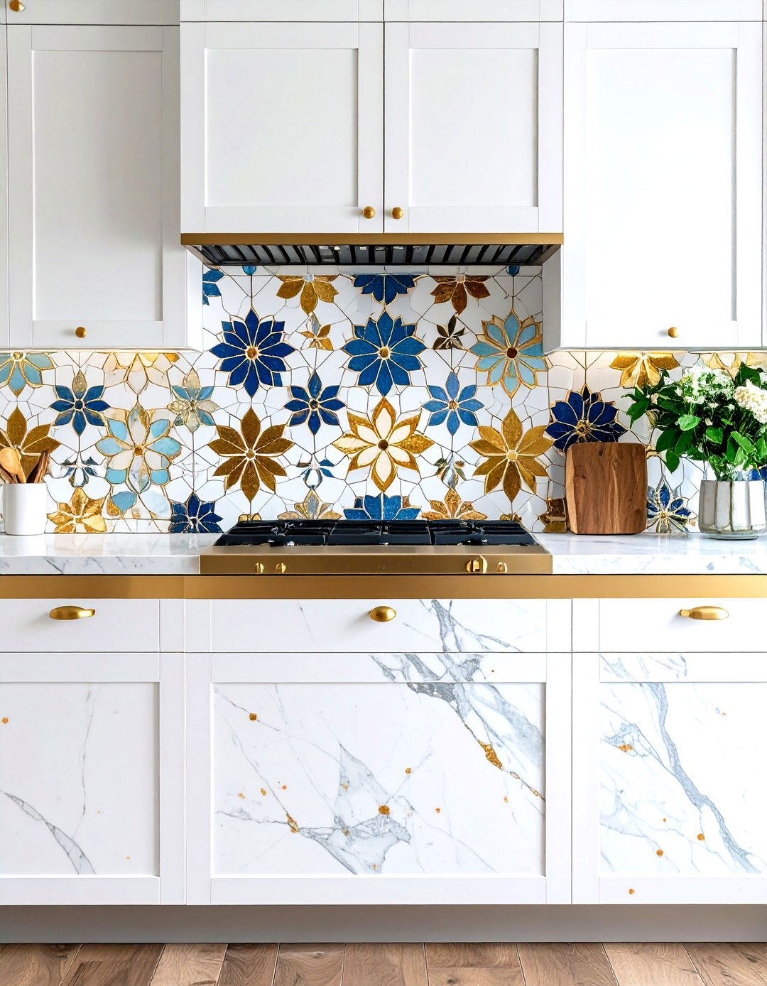 White and Gold Kitchen Backsplash featuring Waterjet Cut Mosaic Patterns - 20 White and Gold Kitchen Backsplash Ideas
