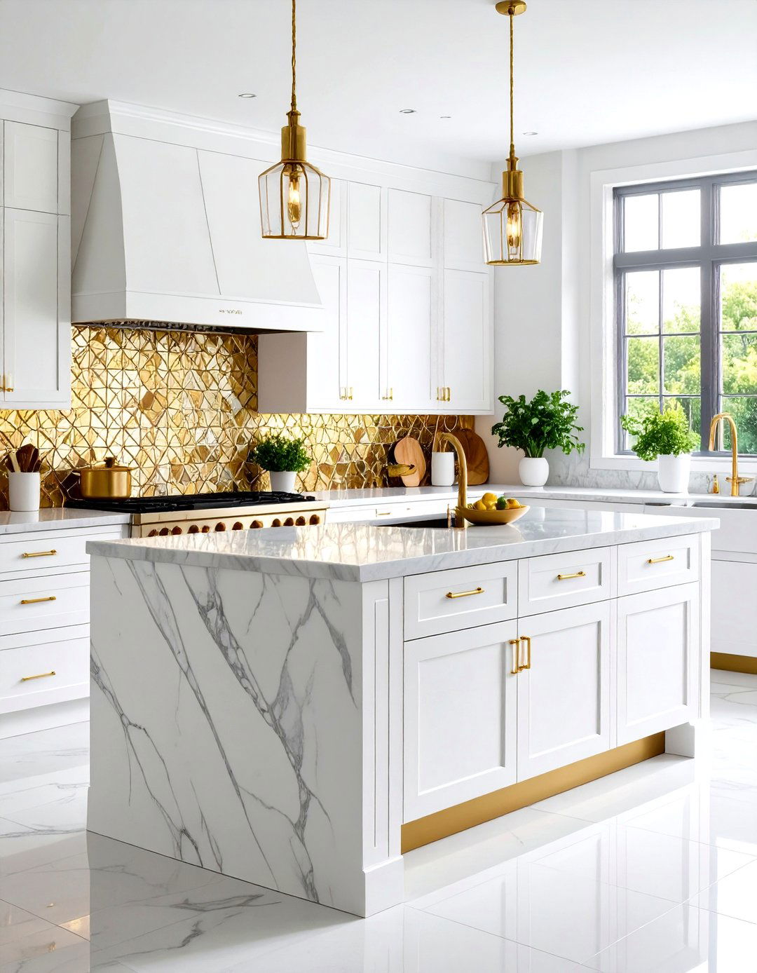 White and Gold Kitchen Backsplash using Mixed Material Mosaic Tiles - 20 White and Gold Kitchen Backsplash Ideas