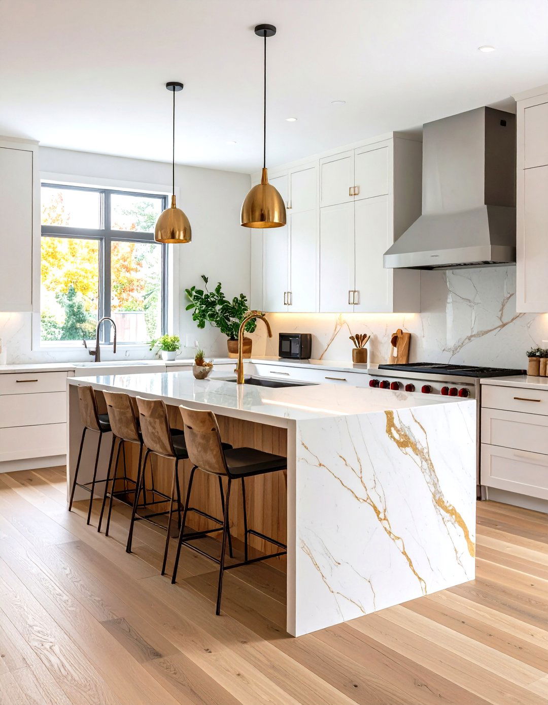 White and Gold Kitchen Backsplash using Natural Stone Ledger Panels - 20 White and Gold Kitchen Backsplash Ideas