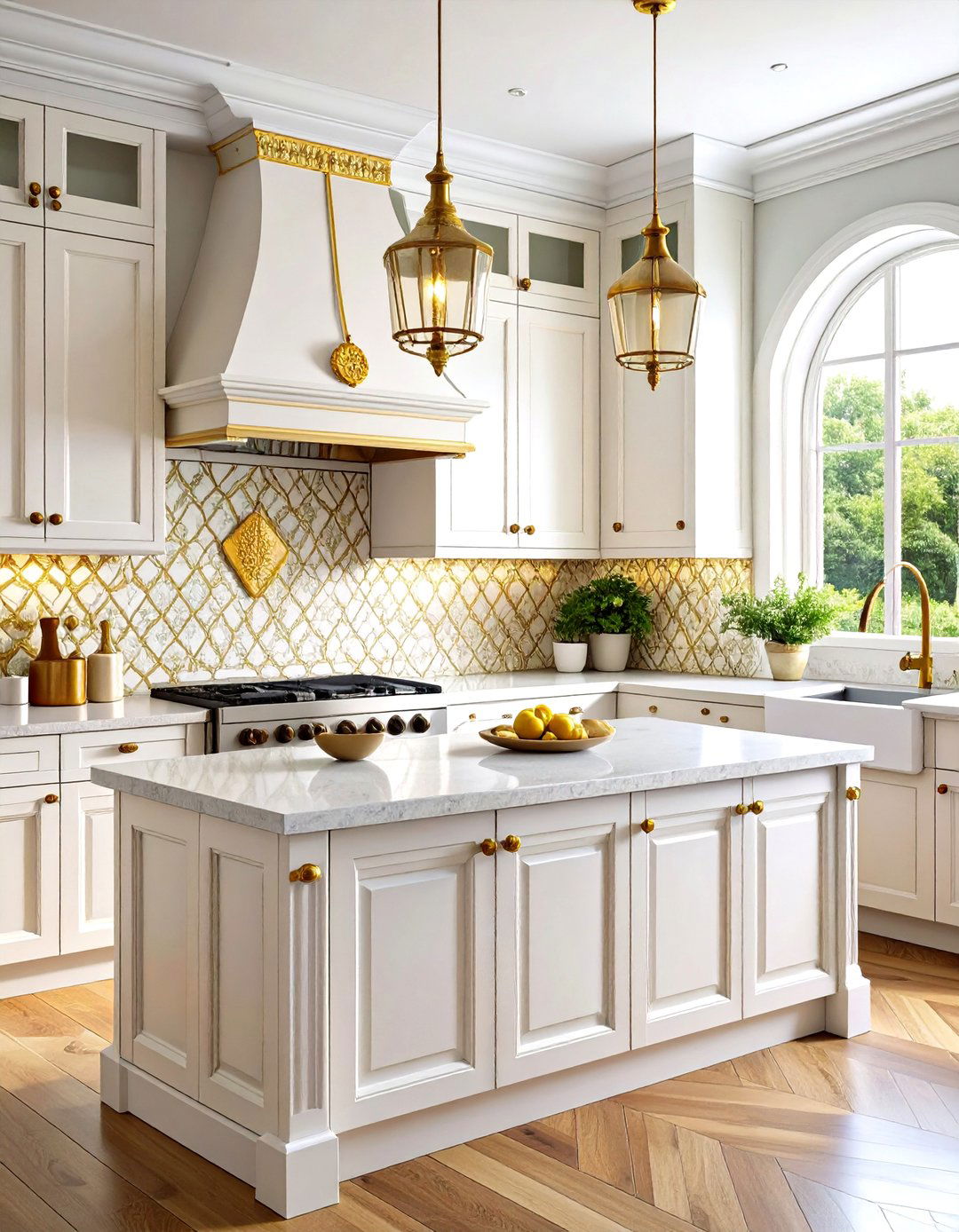 White and Gold Kitchen Backsplash with Arabesque Ceramic Tiles - 20 White and Gold Kitchen Backsplash Ideas