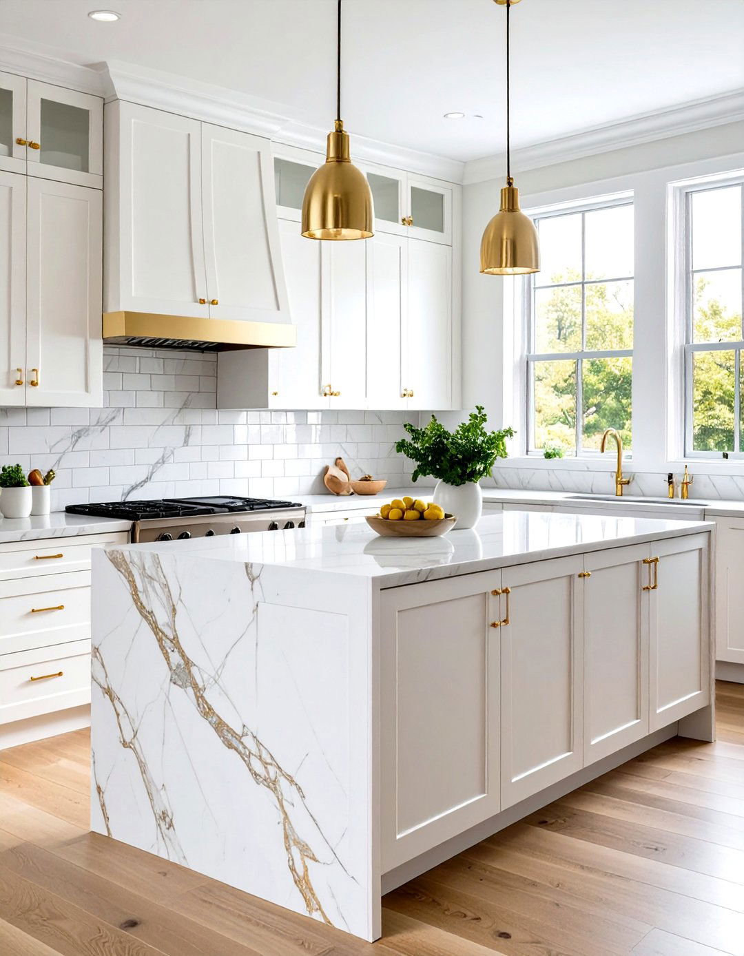 White and Gold Kitchen Backsplash with Calacatta Marble Subway Tiles - 20 White and Gold Kitchen Backsplash Ideas