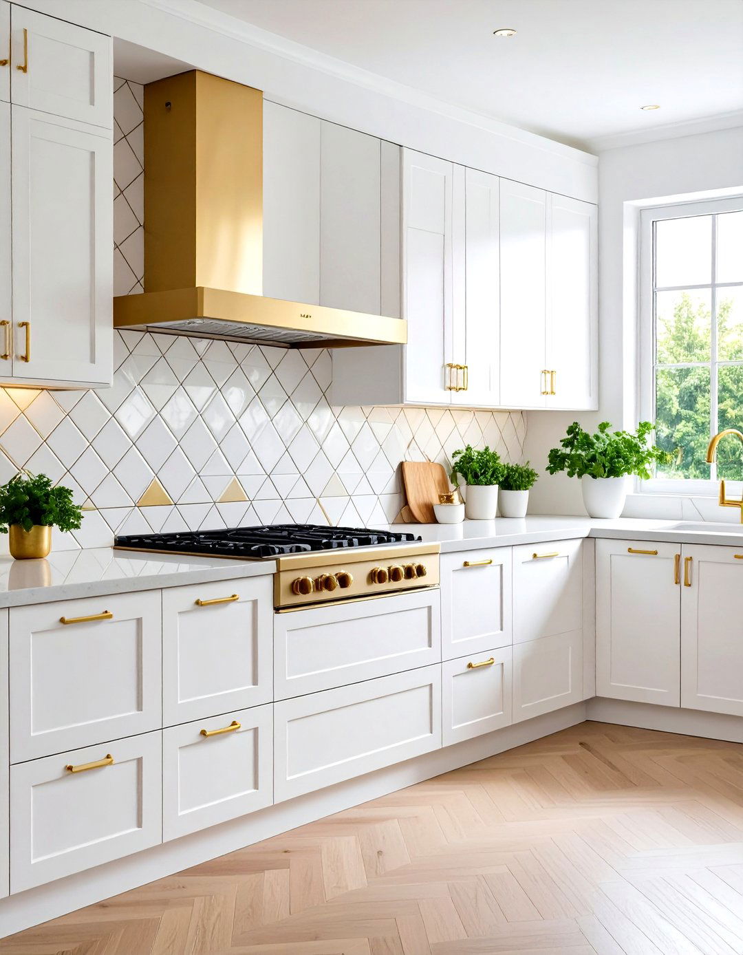 White and Gold Kitchen Backsplash with Geometric Pattern Combinations - 20 White and Gold Kitchen Backsplash Ideas