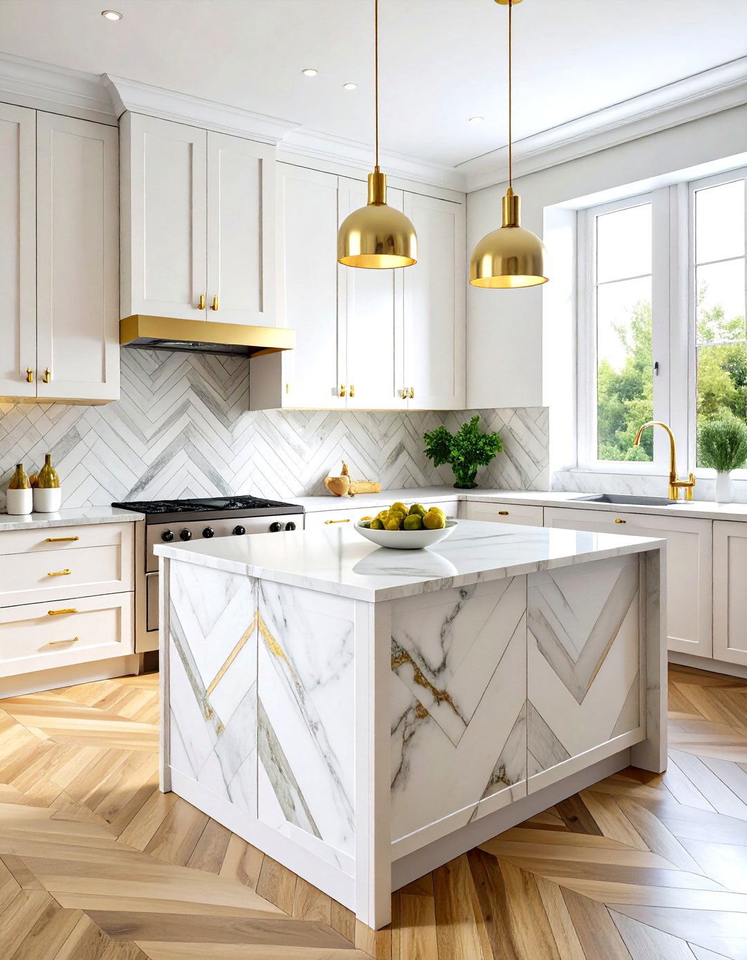 White and Gold Kitchen Backsplash with Herringbone Marble Layout - 20 White and Gold Kitchen Backsplash Ideas