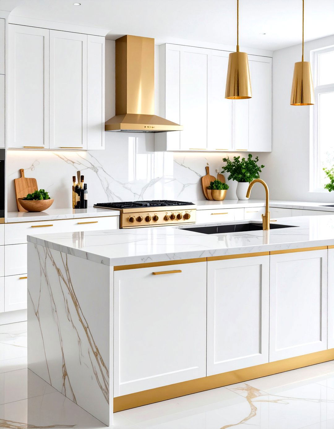 White and Gold Kitchen Backsplash with Large Format Slab Installation - 20 White and Gold Kitchen Backsplash Ideas
