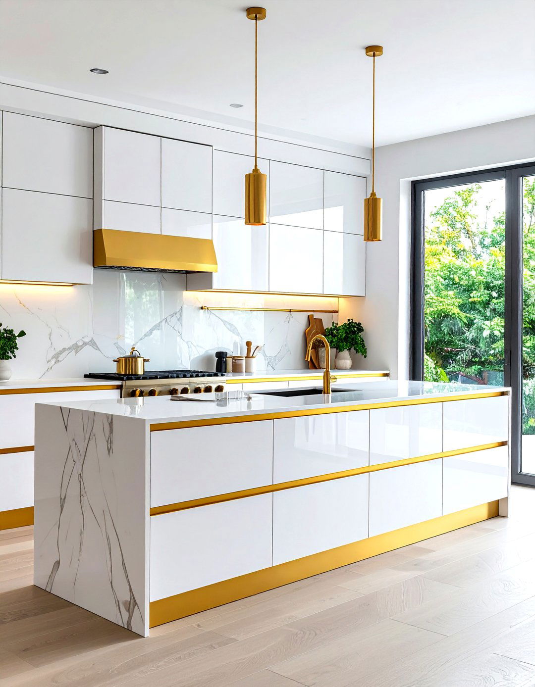 White and Gold Kitchen Backsplash with Linear Glass Strip Design - 20 White and Gold Kitchen Backsplash Ideas