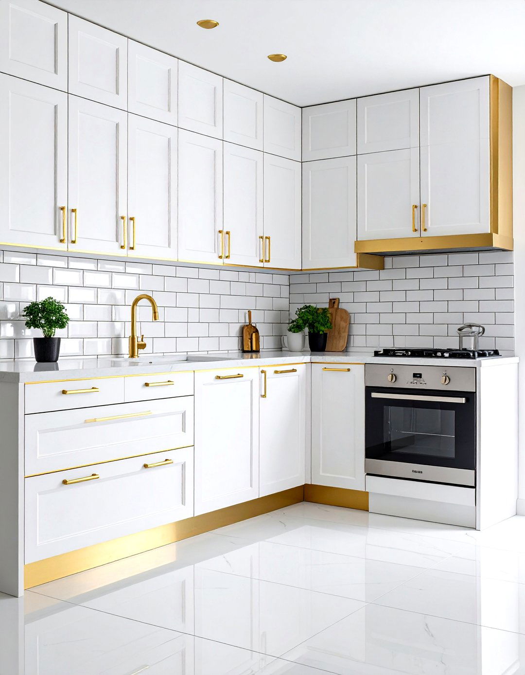 White and Gold Kitchen Backsplash with Metallic Strip Accents - 20 White and Gold Kitchen Backsplash Ideas