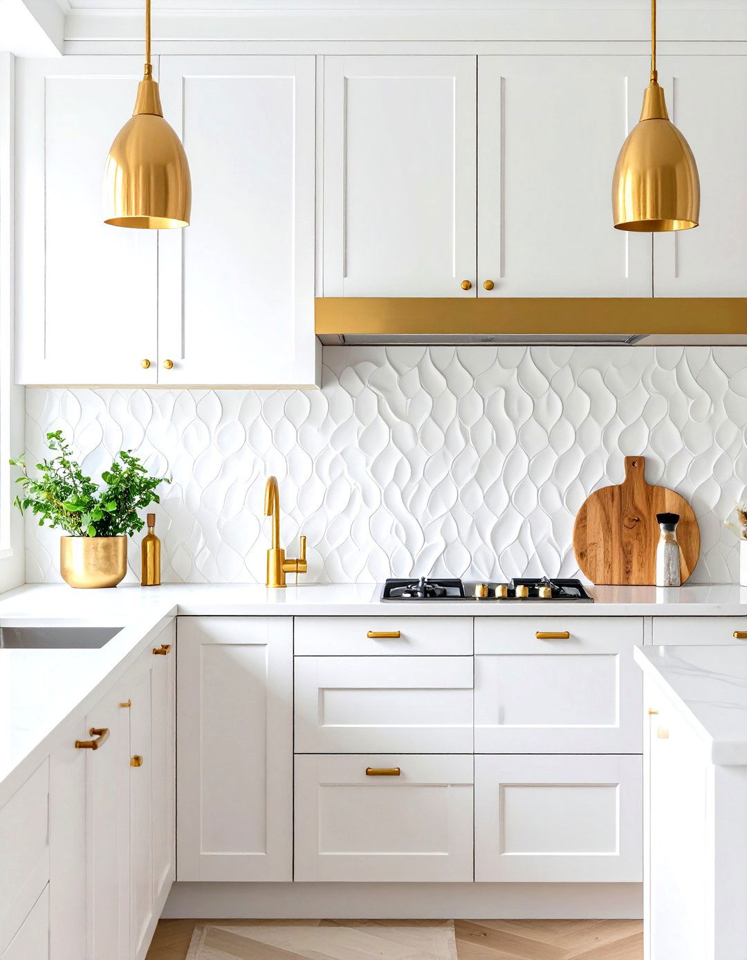 White and Gold Kitchen Backsplash with Textured Ceramic Tiles - 20 White and Gold Kitchen Backsplash Ideas