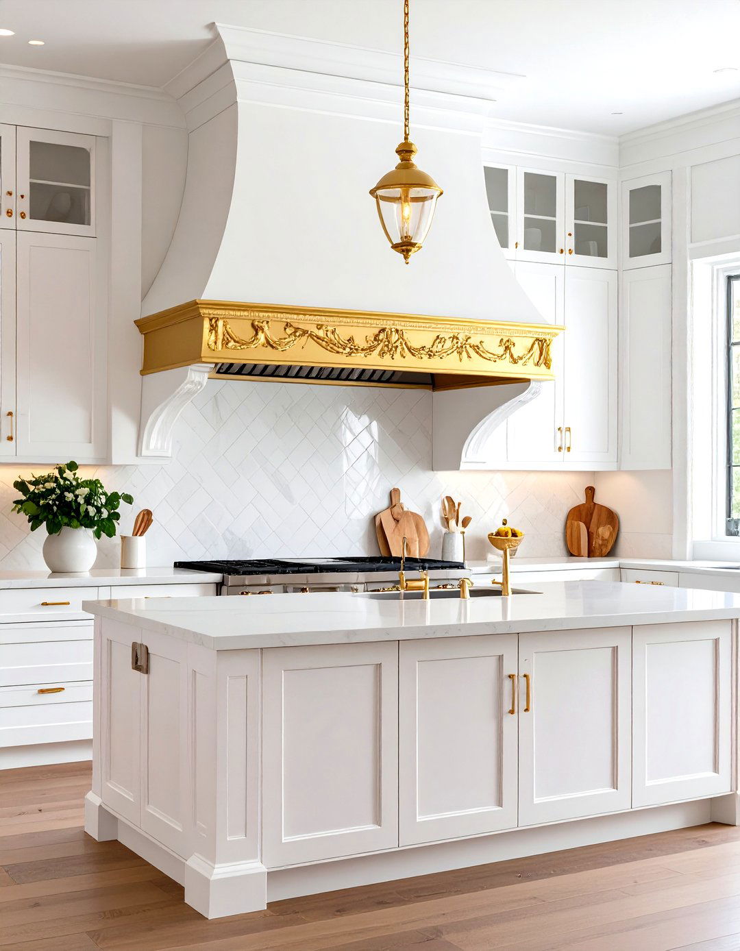 White and Gold Kitchen with Bold Range Hood Statement - 20 White and Gold Kitchen Ideas