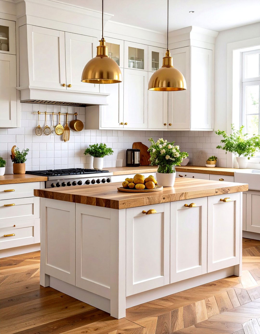 White and Gold Kitchen with Butcher Block Countertops - 20 White and Gold Kitchen Ideas