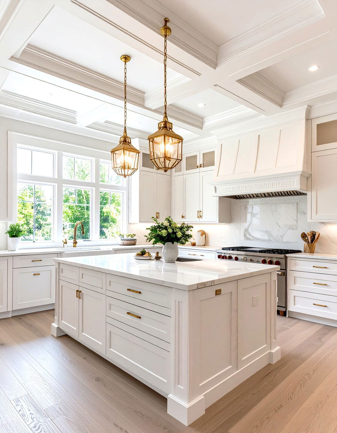 White and Gold Kitchen with Coffered Ceiling Details - 20 White and Gold Kitchen Ideas