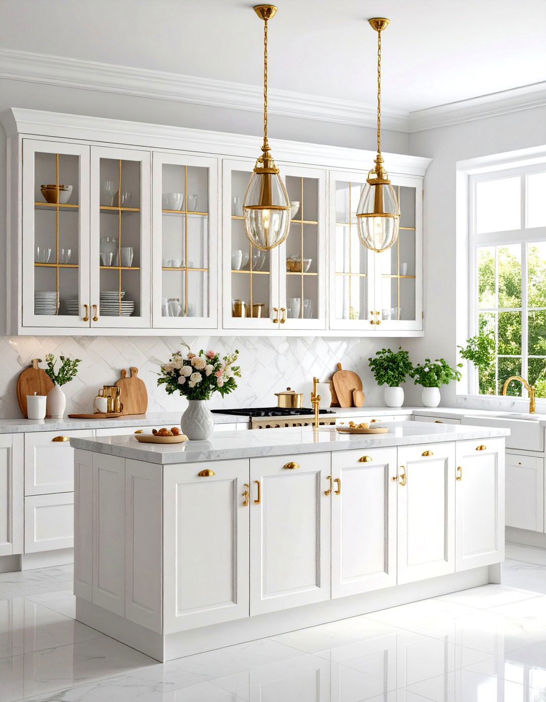 White and Gold Kitchen with Glass Front Cabinet Doors - 20 White and Gold Kitchen Ideas