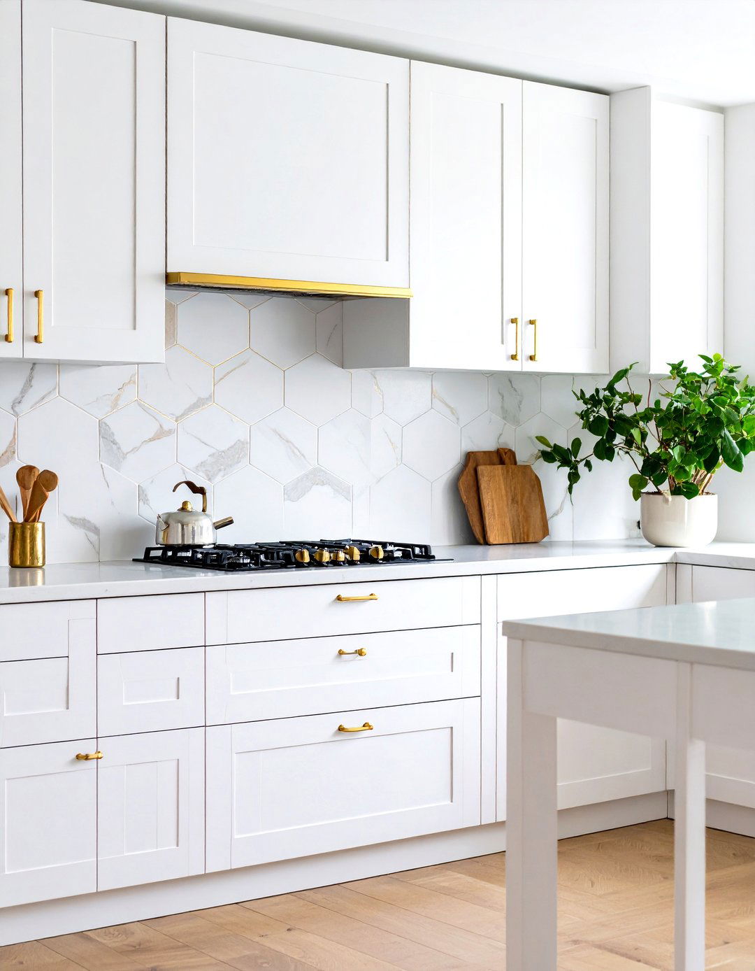 White and Gold Kitchen with Hexagonal Tile Backsplash - 20 White and Gold Kitchen Ideas