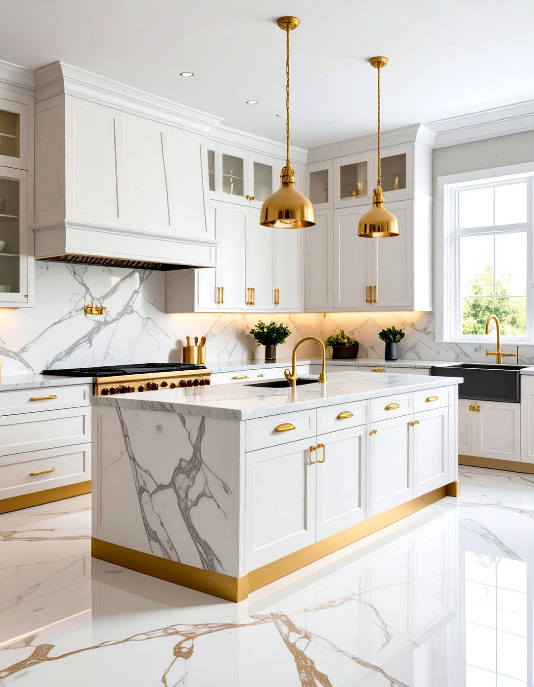 White and Gold Kitchen with Marble Calacatta Backsplash - 20 White and Gold Kitchen Ideas