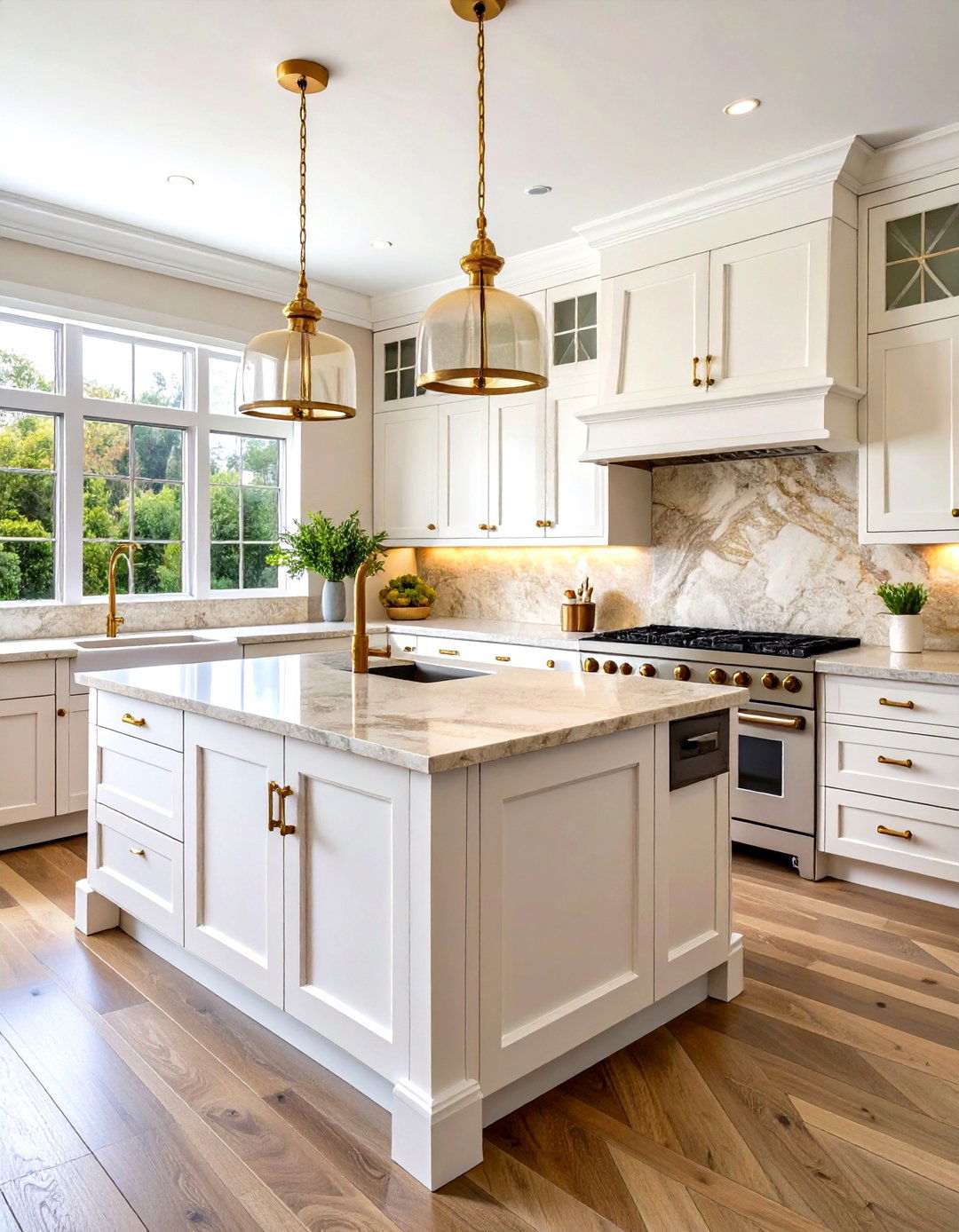 White and Gold Kitchen with Natural Stone Backsplash - 20 White and Gold Kitchen Ideas