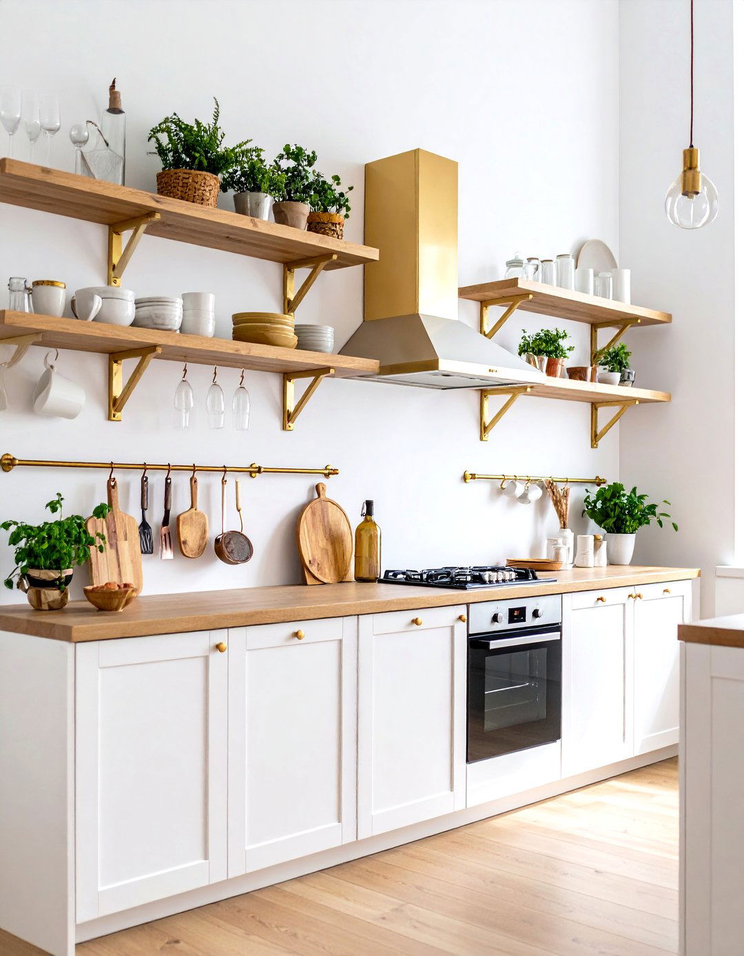 White and Gold Kitchen with Open Shelving Display - 20 White and Gold Kitchen Ideas