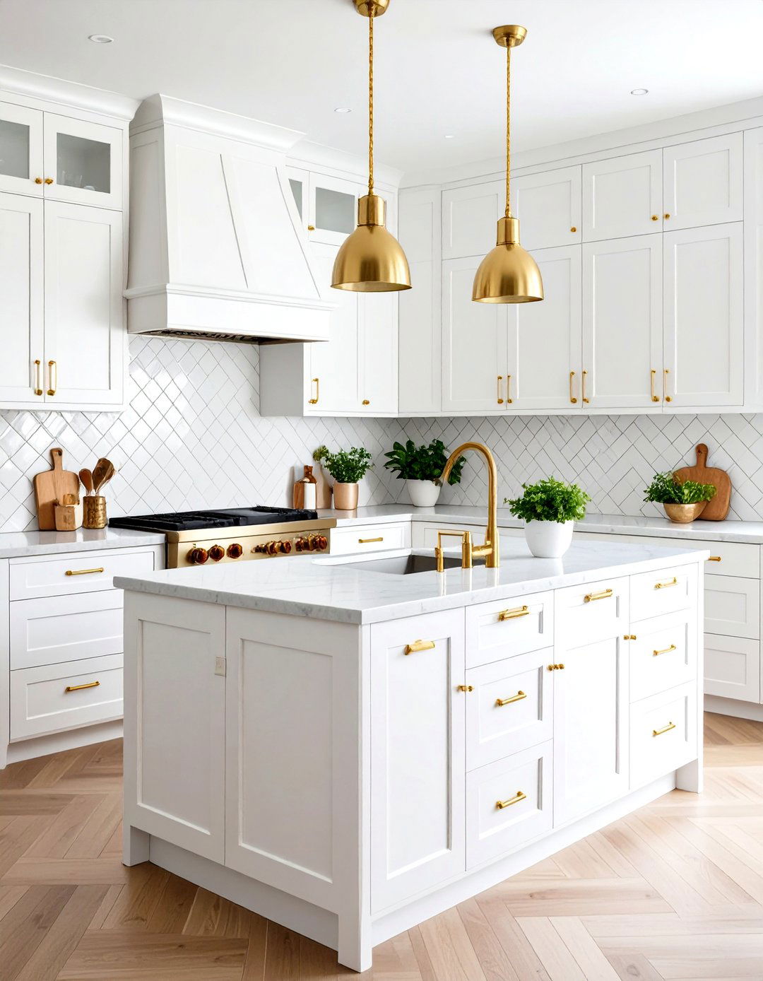 White and Gold Kitchen with Subway Tile Backsplash - 20 White and Gold Kitchen Ideas