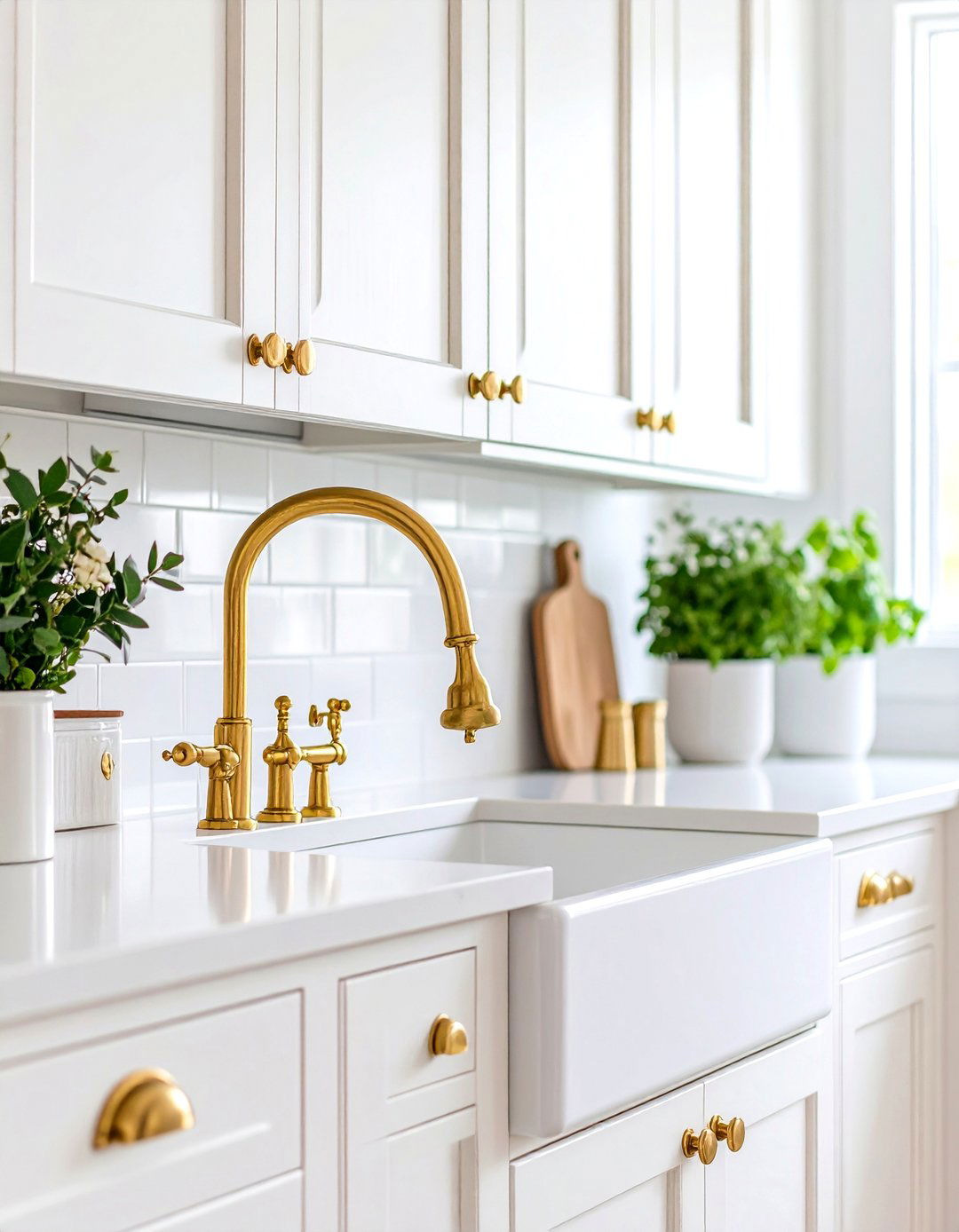 White and Gold Kitchen with Vintage Inspired Hardware - 20 White and Gold Kitchen Ideas