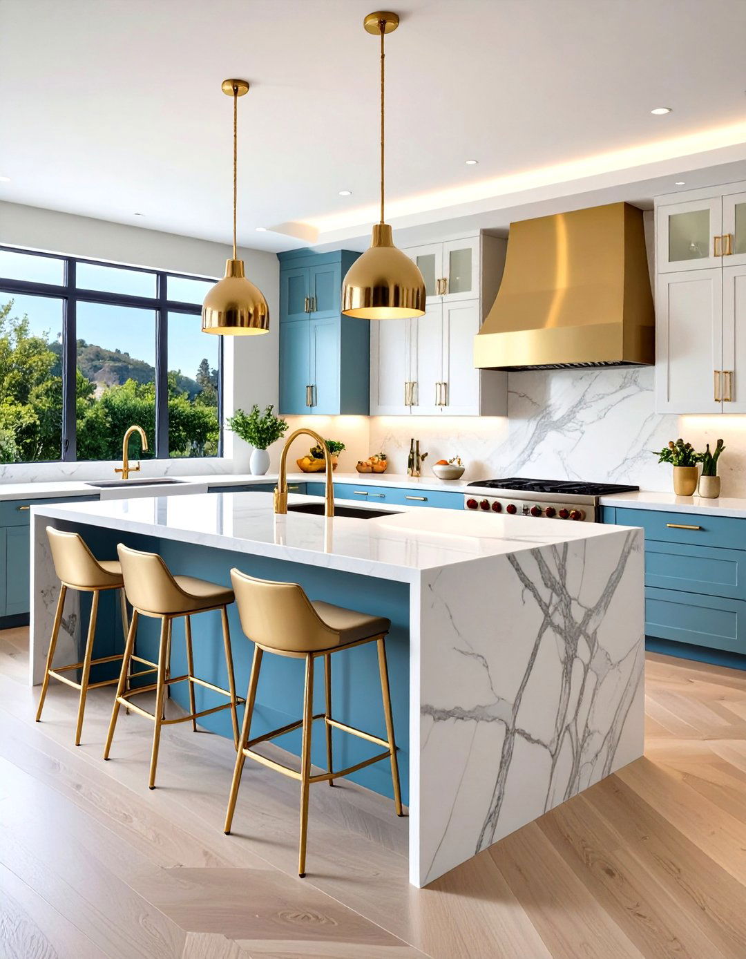 White and Gold Kitchen with Waterfall Countertop Island - 20 White and Gold Kitchen Ideas