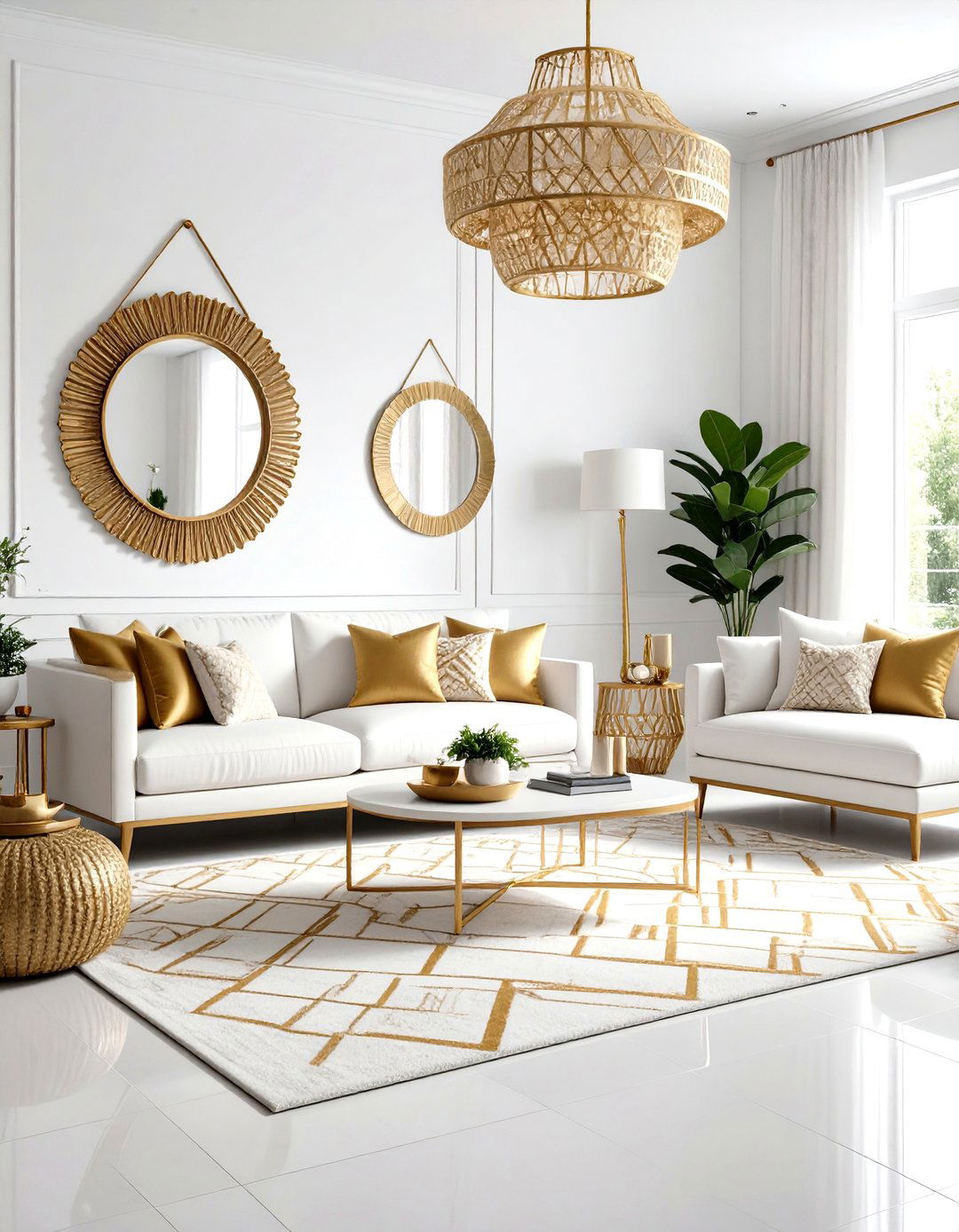 White and Gold Living Room with Geometric Patterns - 20 White and Gold Living Room Ideas
