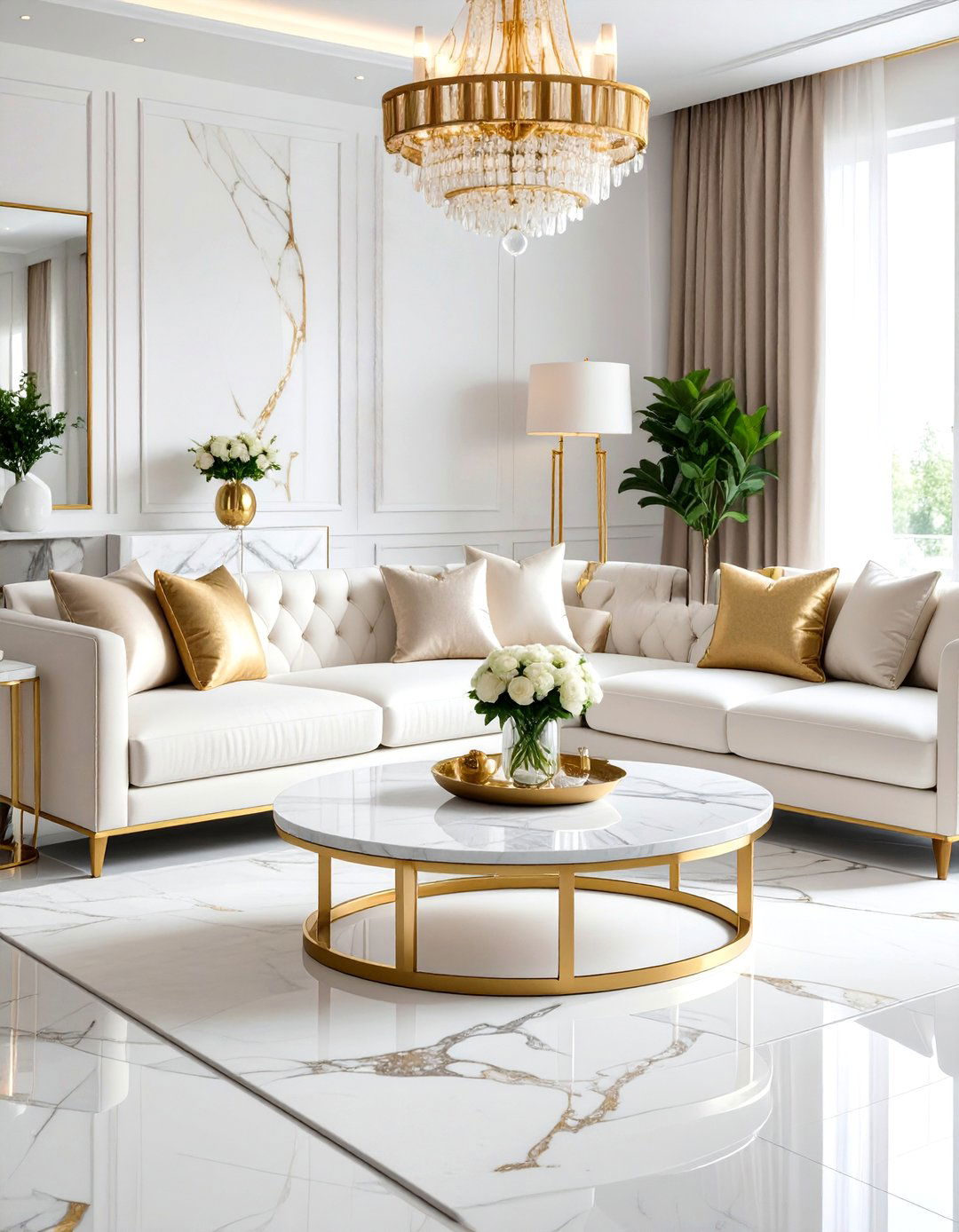 White and Gold Living Room with Marble Accents - 20 White and Gold Living Room Ideas