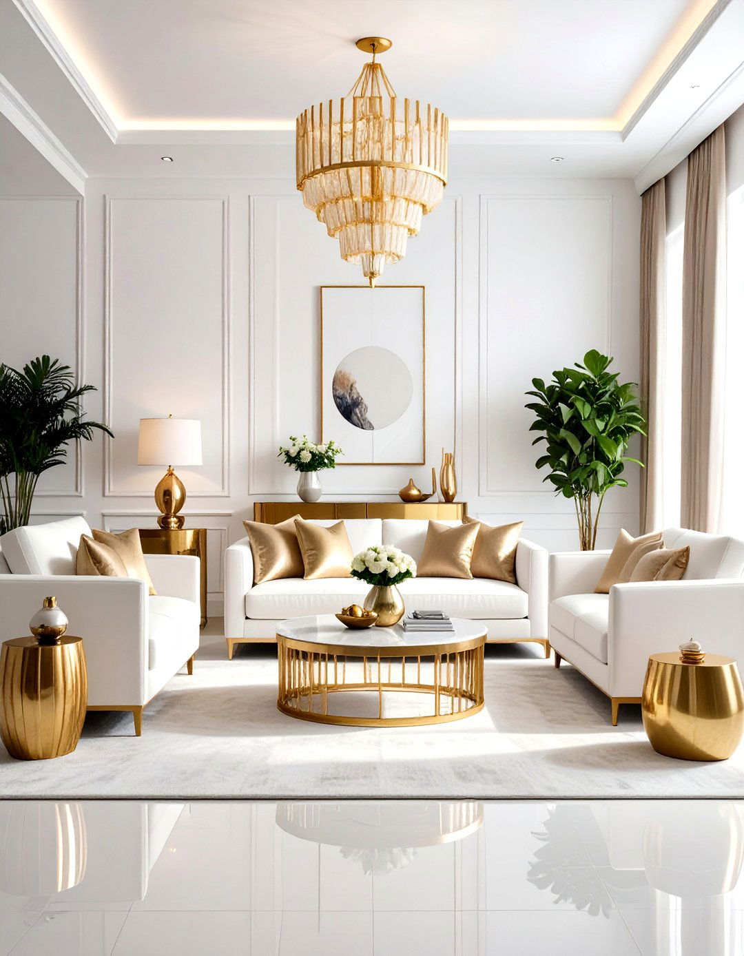White and Gold Living Room with Mixed Metallics - 20 White and Gold Living Room Ideas
