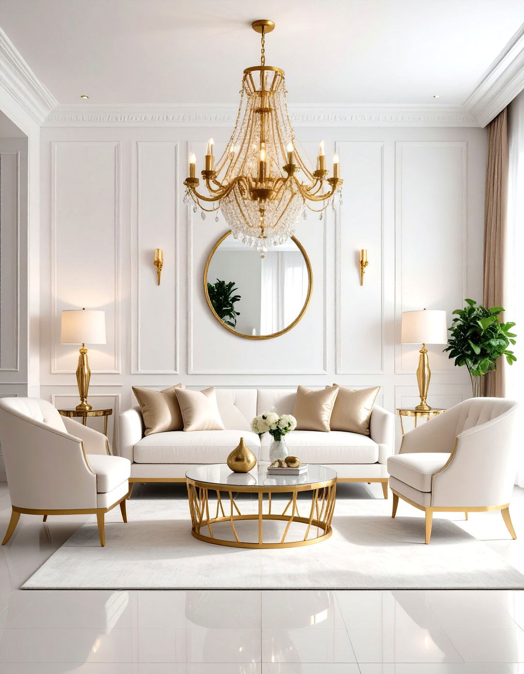 White and Gold Living Room with Statement Lighting - 20 White and Gold Living Room Ideas