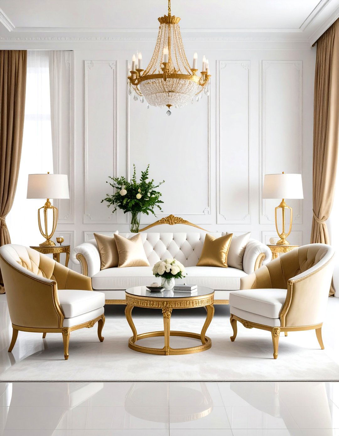 White and Gold Living Room with Velvet Textures - 20 White and Gold Living Room Ideas