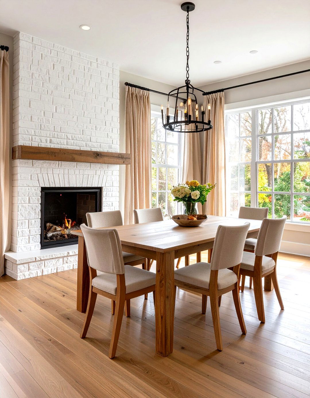 Whitewashed Brick Fireplace Lends Coastal Calm to Dining Rooms - 20 Dining Room With Fireplace Ideas