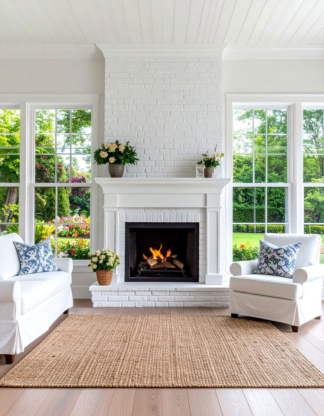 Whitewashed Brick Fireplace with French Windows - 20 Fireplace Between Windows Ideas