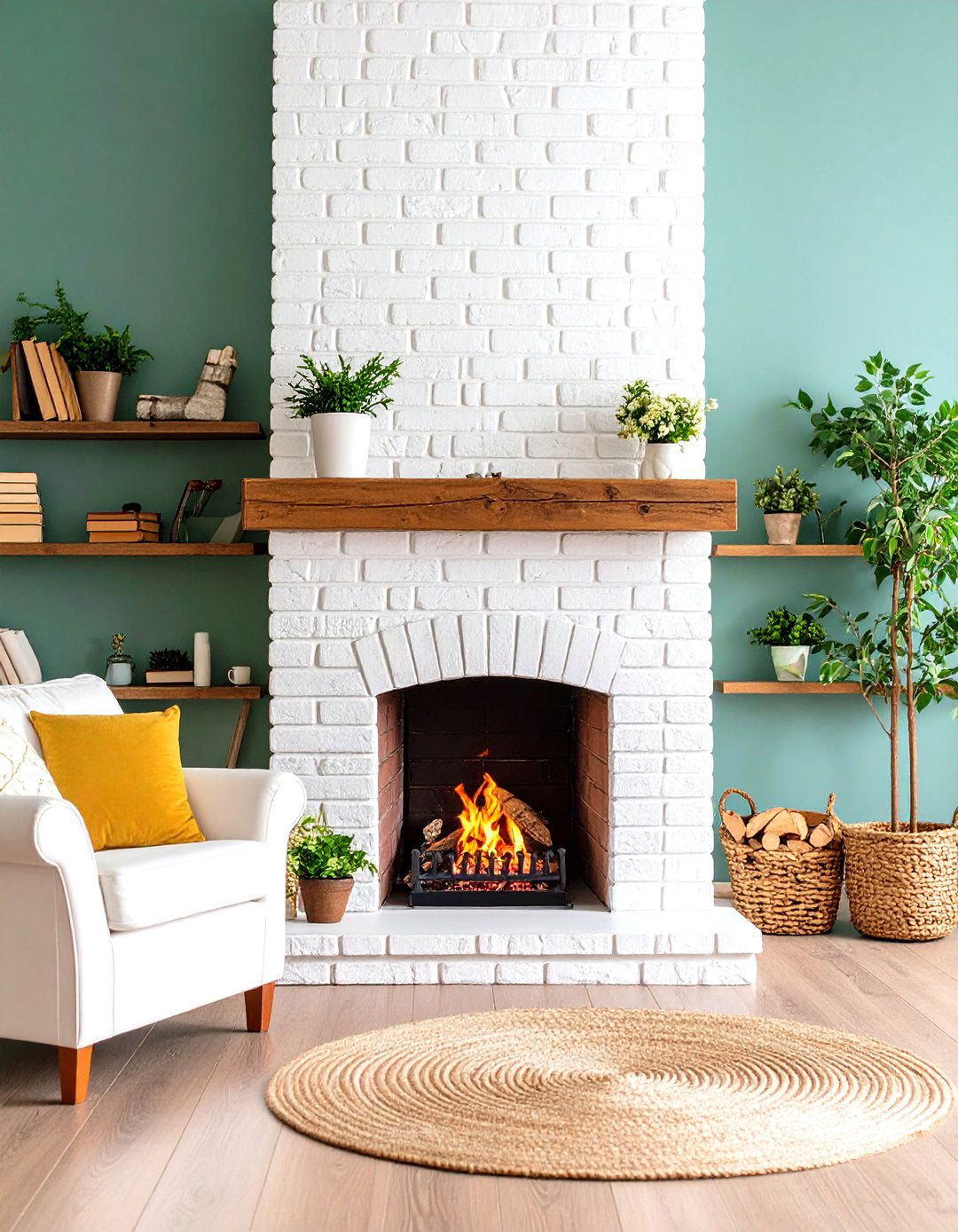 Whitewashed Brick Rustic Fireplace with Farmhouse Charm - 20 Rustic Fireplaces