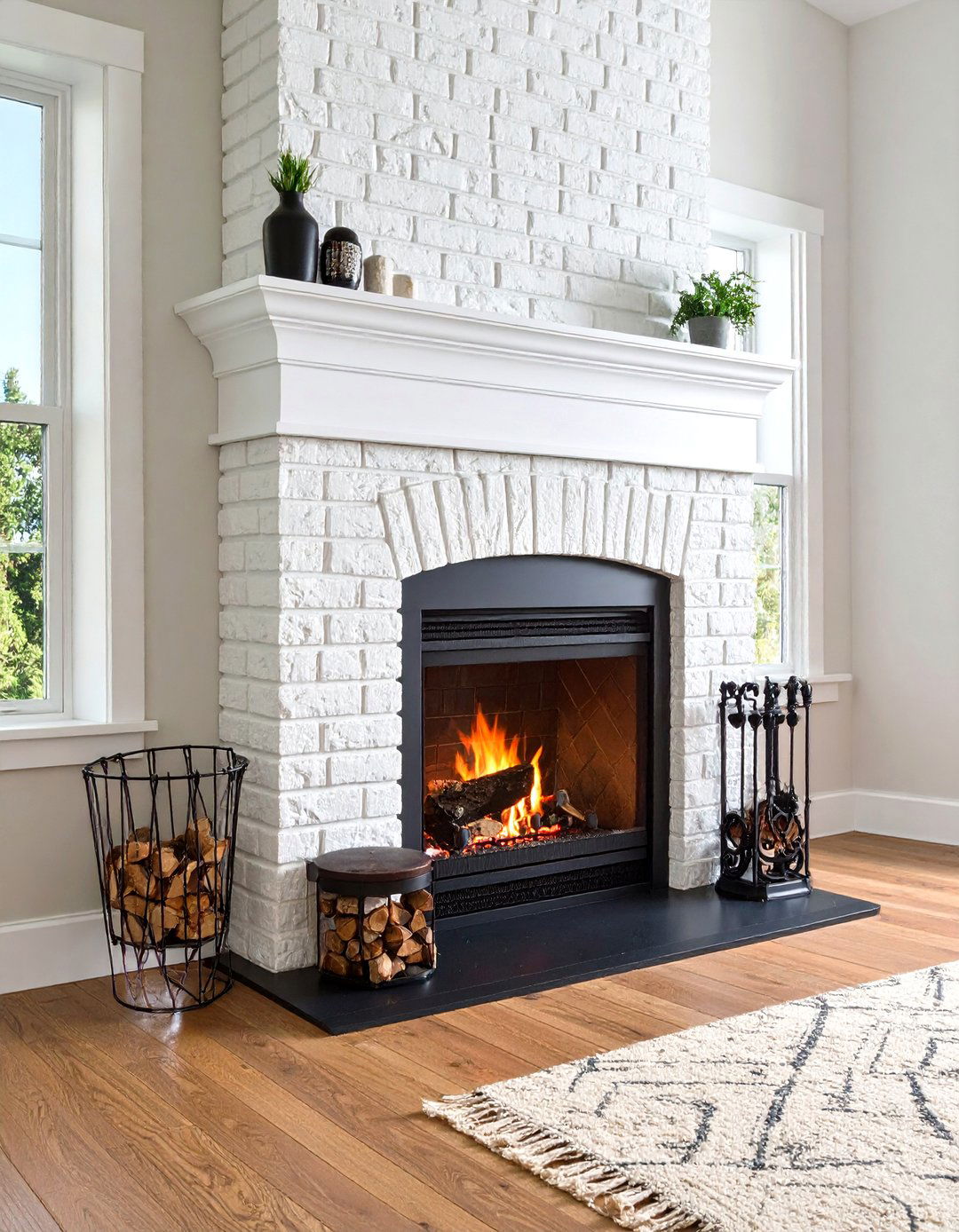 Whitewashed Brick With a Black Iron Grate - 20 Black and White Fireplace Ideas