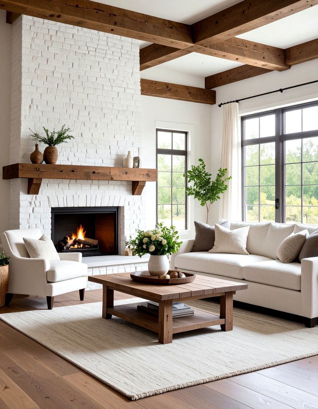 Whitewashed Rustic Brick Fireplace with Reclaimed Wood Mantel - 20 Rustic Brick Fireplace Ideas