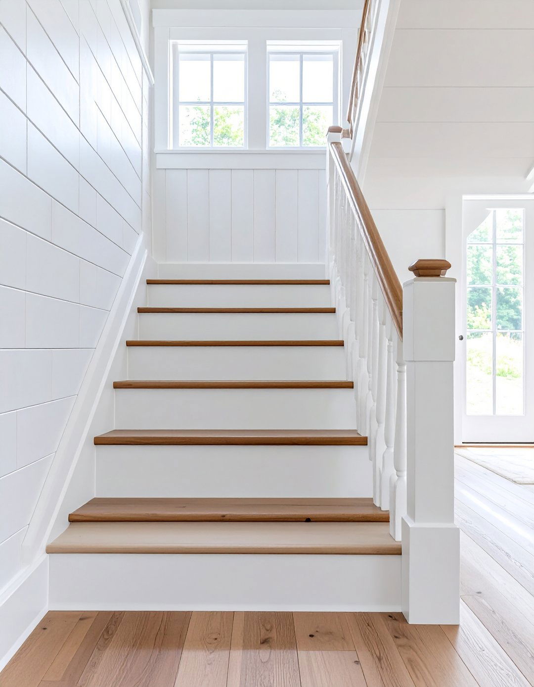 Whitewashed Shiplap Guardrail Oak Cap - 20 Farmhouse Rustic Stair Railing Ideas