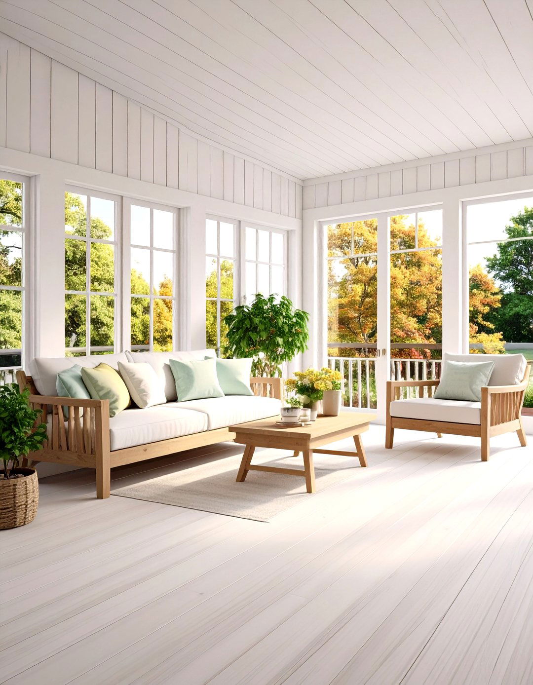 Whitewashed Shiplap Walls for Subtle Texture - 20 Farmhouse Sunroom Ideas