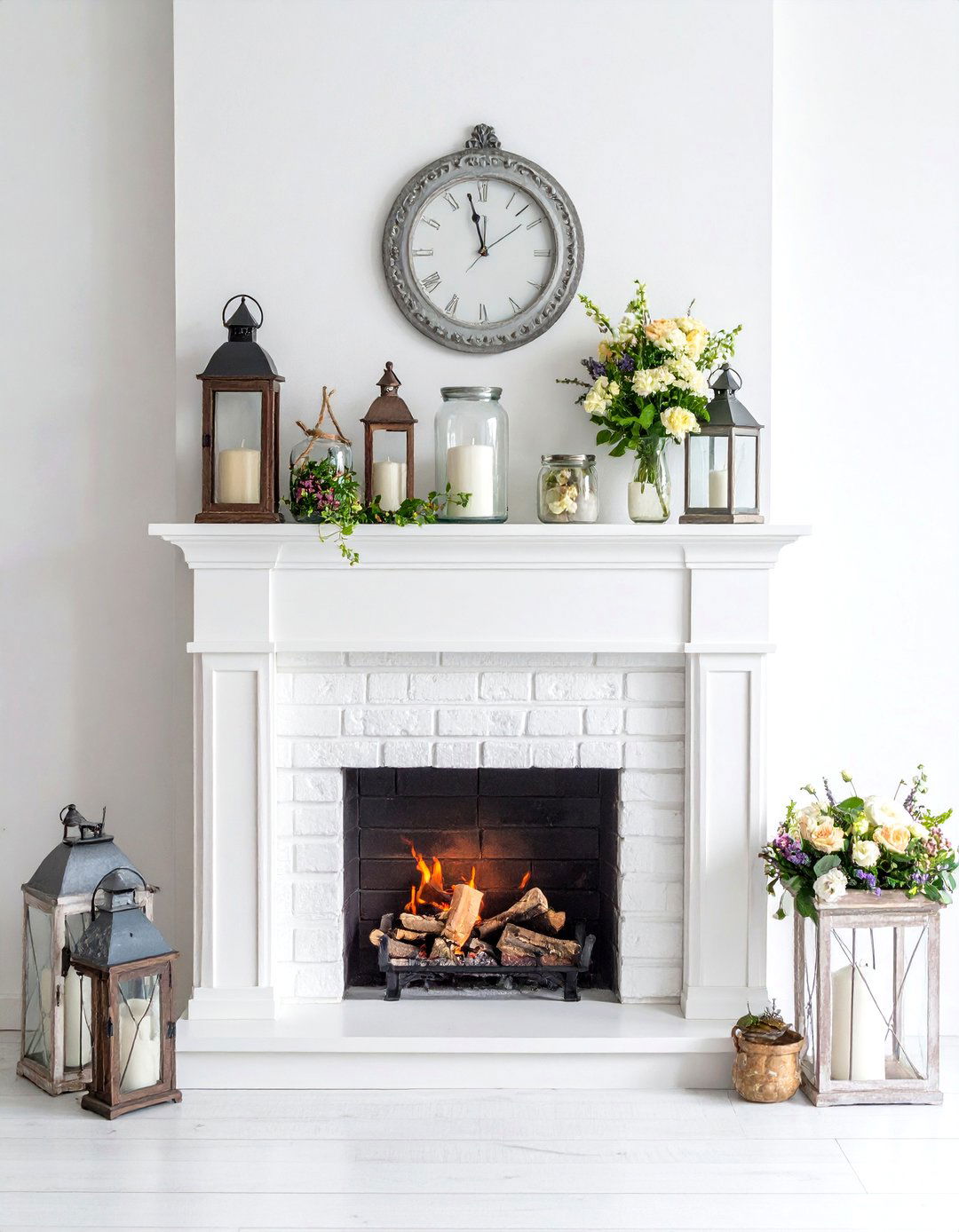 Whitewashed White Brick Fireplace with Rustic Wood Mantel - 20 White Brick Fireplace Ideas